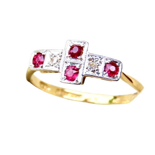 Vintage 18 Ct Gold and Platinum Ring with Rubies and Diamonds Size N