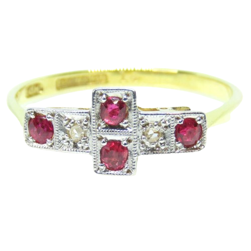 Vintage 18 Ct Gold and Platinum Ring with Rubies and Diamonds Size N