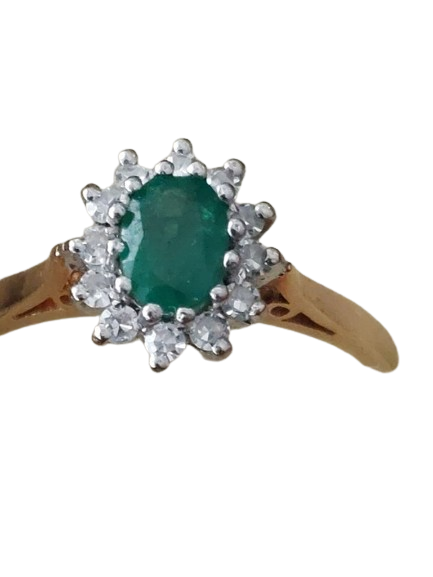 Vintage 18 Ct Gold Ring Large Emerald Diamonds Size J half