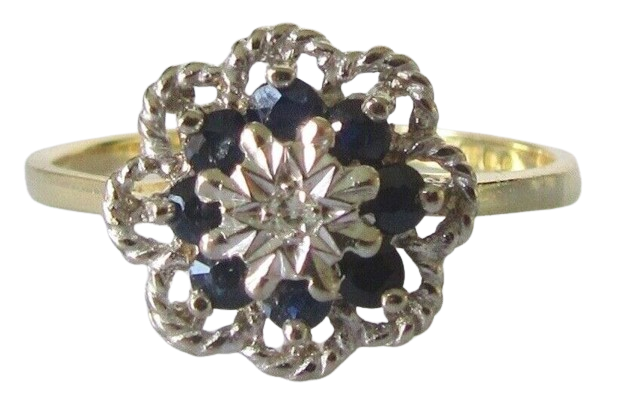 Vintage 18 Ct Gold Ring Sapphires and Diamonds Size M